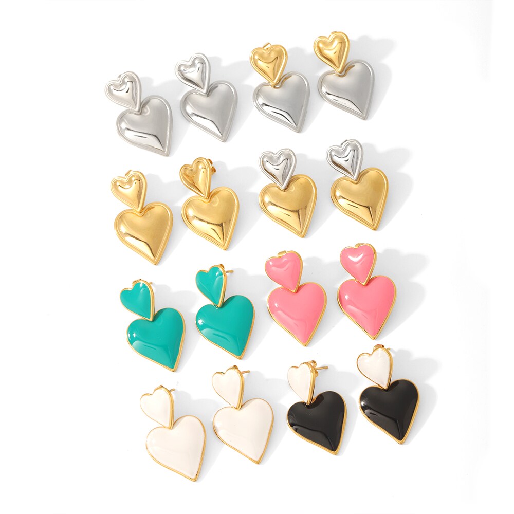 1 Pair Sweet Fresh Style Double Heart Shape Enamel Stainless Steel 18K Gold Plated Women's Drop Earrings h5 Picture3